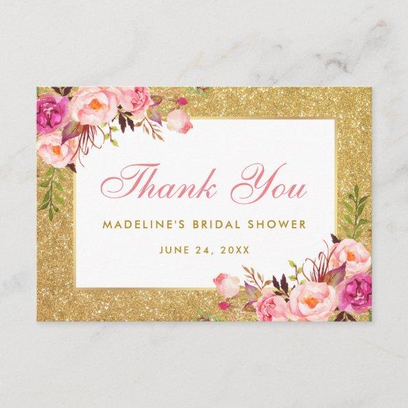 Bridal Shower Pink Floral Gold Glitter Thank You