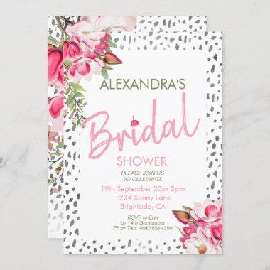 Bridal Shower Pink Floral Magnolia Modern Silver Invitations