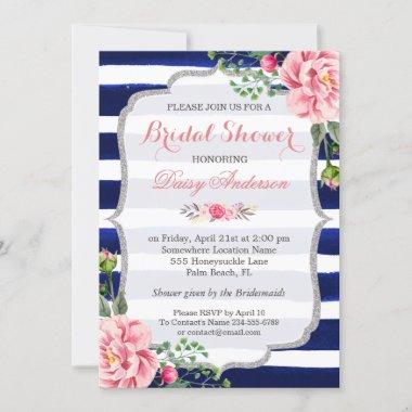 Bridal Shower Pink Floral Silver Blue Stripes Invitations