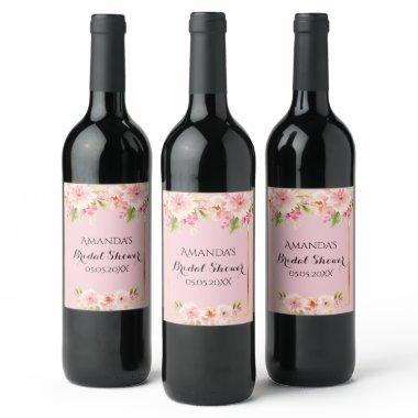 Bridal shower pink florals name wine label