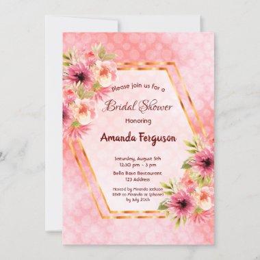 Bridal shower pink flowers gold geometric Invitations