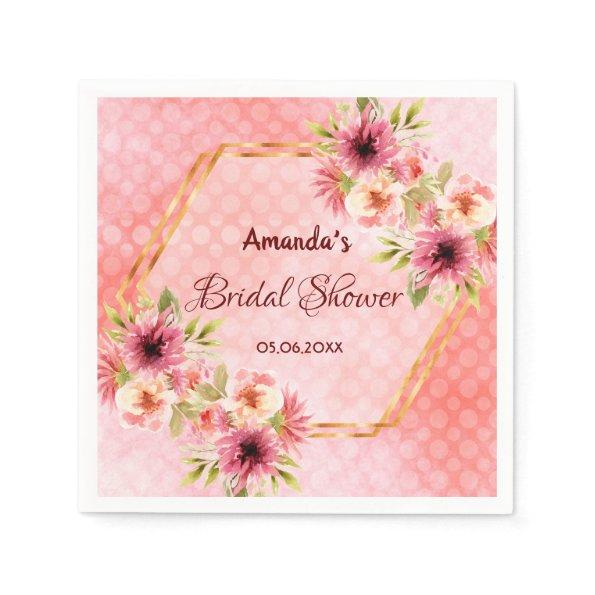 Bridal shower pink flowers gold geometric napkins