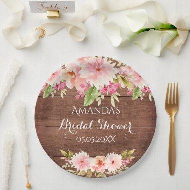 Bridal shower pink flowers rustic brown wood paper plates