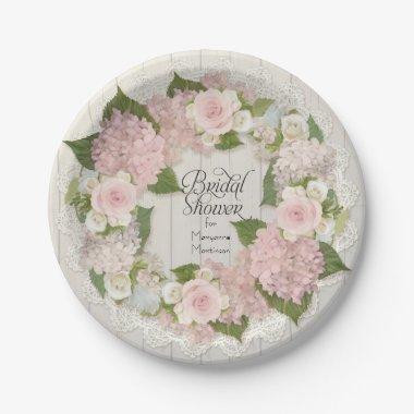 Bridal Shower Pink Hydrangea Roses Lace Wood Fence Paper Plates