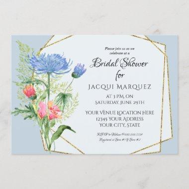 Bridal Shower Pink n Dusty Blue Ferns n Floral Art Invitations