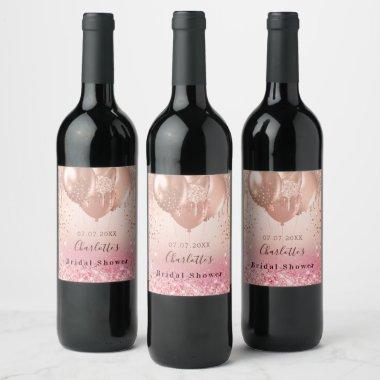 Bridal Shower pink rose gold balloons party Wine Label