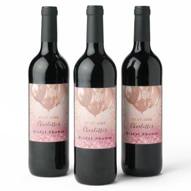 Bridal Shower pink rose gold balloons party Wine Label