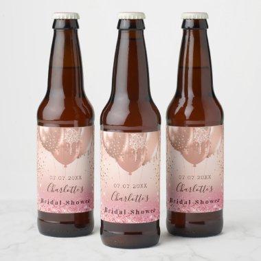 Bridal Shower pink rose gold glitter balloons fun Beer Bottle Label
