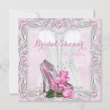 Bridal Shower Pink Rose Hi Heel Lace Damask 2 Invitations