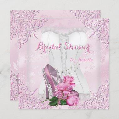 Bridal Shower Pink Rose Hi Heel Lace Damask Invitations