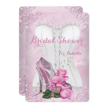 Bridal Shower Pink Rose High Heel Floral Damask Invitations