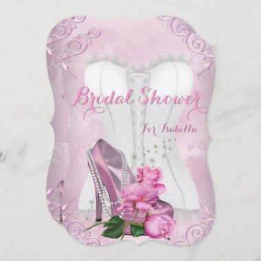 Bridal Shower Pink Rose High Heel Floral Damask Invitations