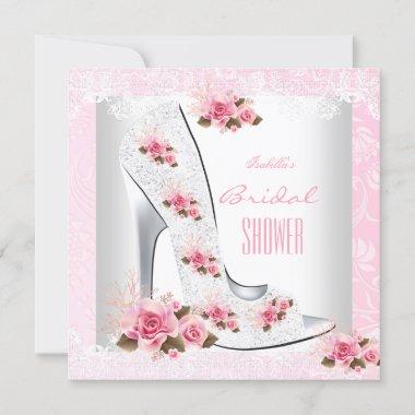 Bridal Shower Pink Rose White Lace Hi Heel Invitations