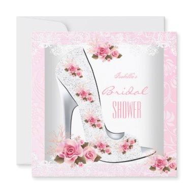 Bridal Shower Pink Rose White Lace Hi Heel Invitations