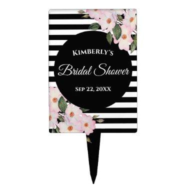 Pink Roses Ballerina Black Stripes Cake Topper