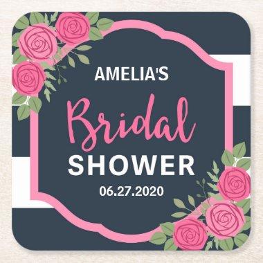 Bridal Shower Pink Roses Blue White Stripes Square Paper Coaster