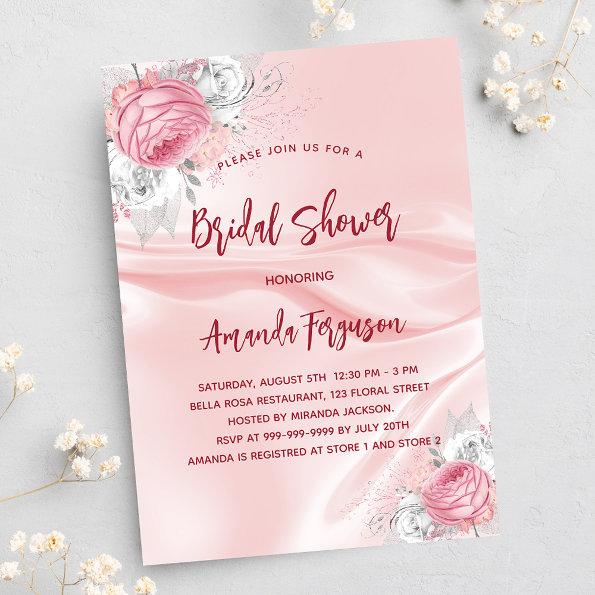 Bridal shower pink silk florals white roses luxury Invitations