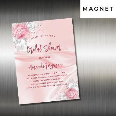 Bridal shower pink silk florals white roses luxury magnetic Invitations