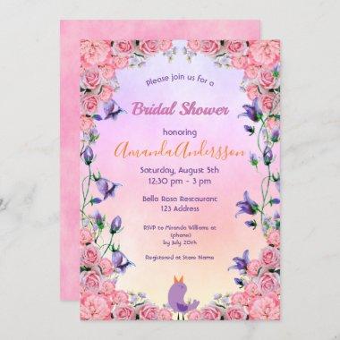 Bridal shower pink violet floral bird Invitations