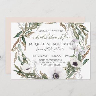 Bridal Shower Pink Watercolor Anemone Olive Wreath Invitations