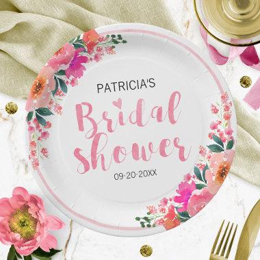 Bridal Shower Pink Watercolor Floral Paper Plates