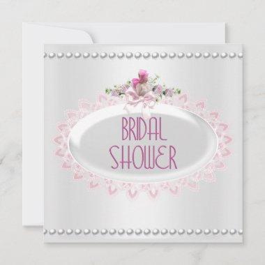 Bridal Shower Pink White Pearl Lace Wedding Invitations