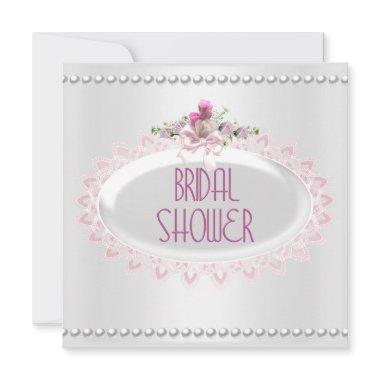 Bridal Shower Pink White Pearl Lace Wedding Invitations