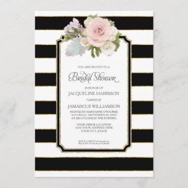 Bridal Shower Pretty Flower Art Deco Stripe Modern Invitations