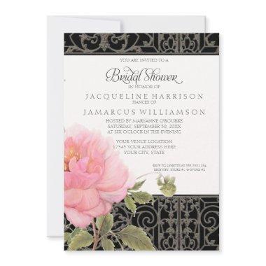 Bridal Shower Pretty Flower Peony Iron Fence Art Invitations