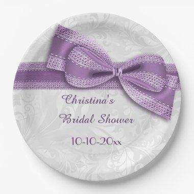 Bridal Shower Purple Damask and Faux Bow Paper Plates