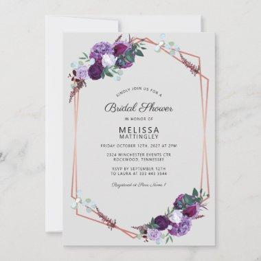 Bridal Shower Purple Floral Rose Gold Geometric Invitations