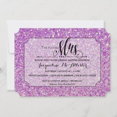 Bridal Shower Purple Glitter Future Mrs. Ticket Invitations