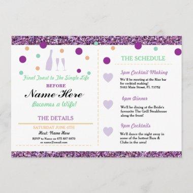 Bridal Shower Purple Glitter Heart Icons Itinerary Invitations
