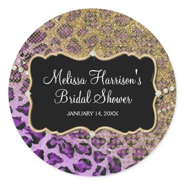 Bridal Shower Purple Gold Leopard Animal Print Classic Round Sticker