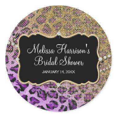 Bridal Shower Purple Gold Leopard Animal Print Classic Round Sticker