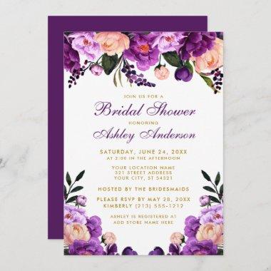 Bridal Shower Purple Violet Floral Gold Invite P