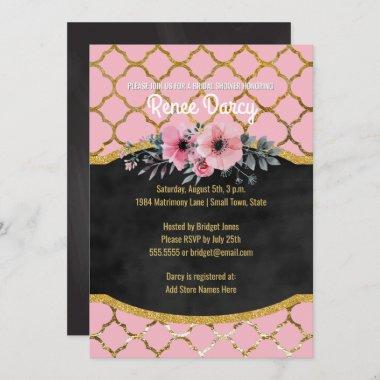 Bridal Shower Quatrefoil Pattern Elegant Gold Pink Invitations