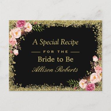 Bridal Shower Recipe Black Gold Glitters Floral PostInvitations