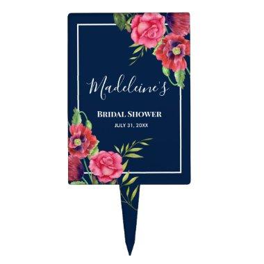 Red and Pink Flowers Dark Navy Cake Topper