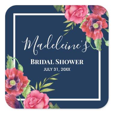 Bridal Shower Red and Pink Flowers Dark Navy Square Sticker