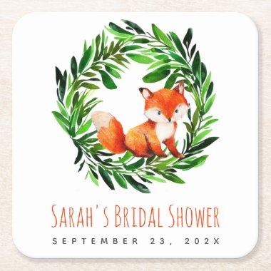 Bridal Shower Red Fox Greenery Wreath Watercolor Square Paper Coaster