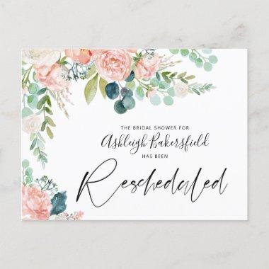 Bridal Shower Rescheduled Pink Floral Date Change Announcement PostInvitations