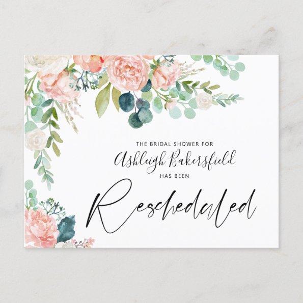 Bridal Shower Rescheduled Pink Floral Date Change Announcement PostInvitations