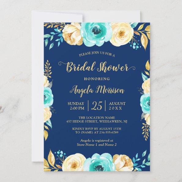 Bridal Shower Romantic Navy Blue Teal Gold Floral Invitations