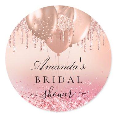 Bridal shower rose gold blush glitter name classic round sticker