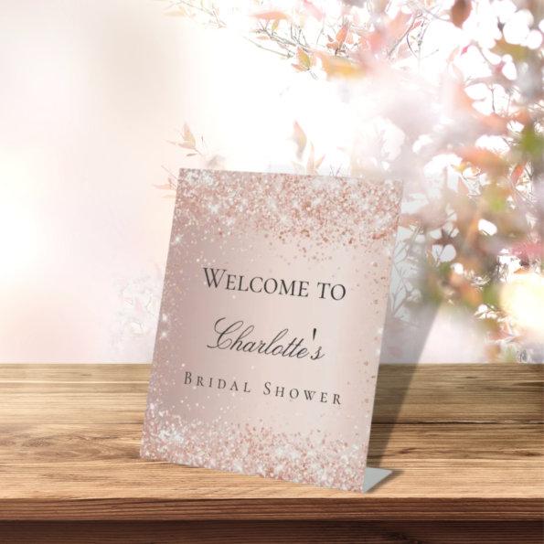 Bridal shower rose gold blush glitter welcome pedestal sign