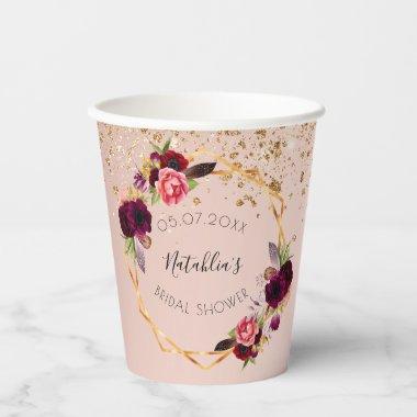 Bridal Shower rose gold burgundy florals glitter Paper Cups