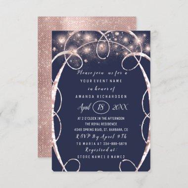 Bridal Shower Rose Gold Confetti Blue Navy Invitations