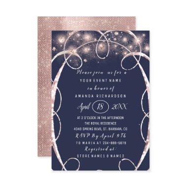 Bridal Shower Rose Gold Confetti Blue Navy Invitations