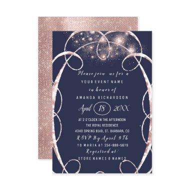 Bridal Shower Rose Gold Confetti Blue Navy Invitations